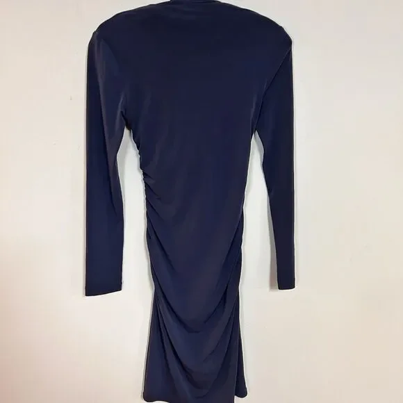 B Smart Navy Blue Cowl Neck Bodycon Dress Long Sleeve Ruched Small NWT - Picture 5 of 8